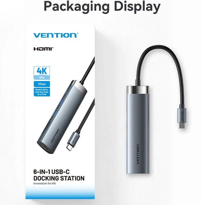 Vention Docking USB Tipo-C con 1x HDMI 4K, 2x USB, 1x USB Tipo-C PD Gris
